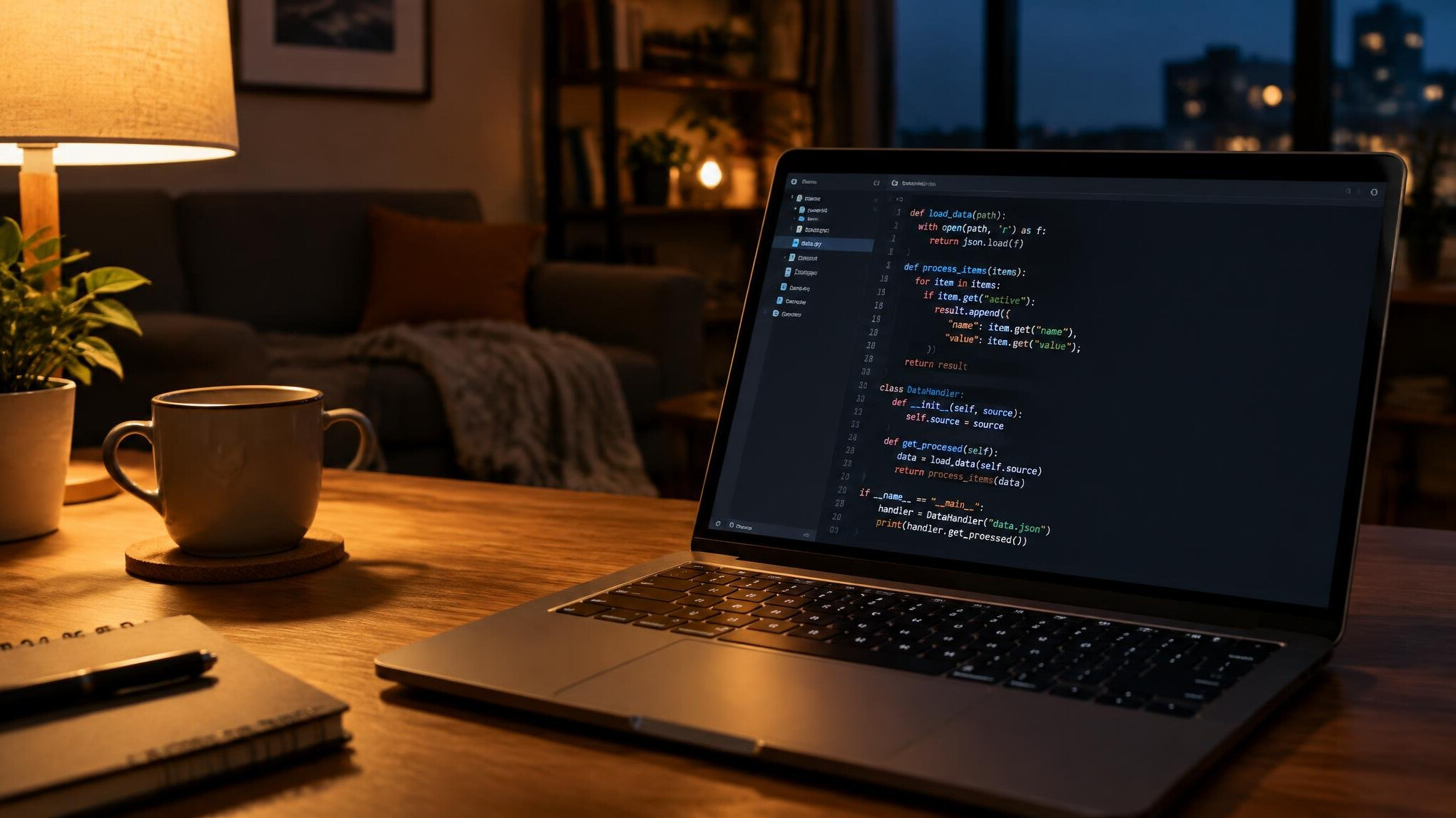 Laptop with code in a dimly lit room