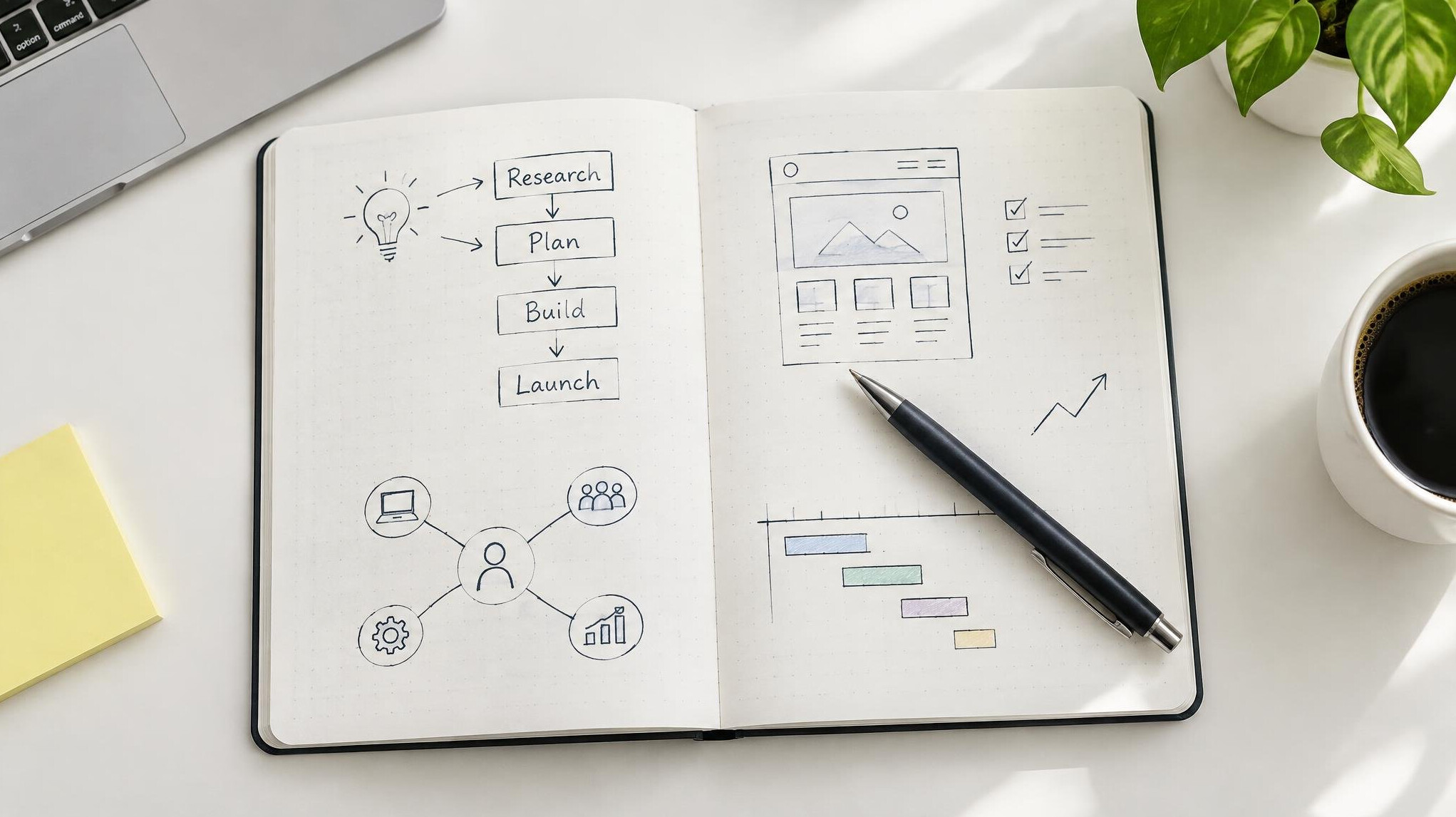 Notebook with handwritten planning notes on a desk