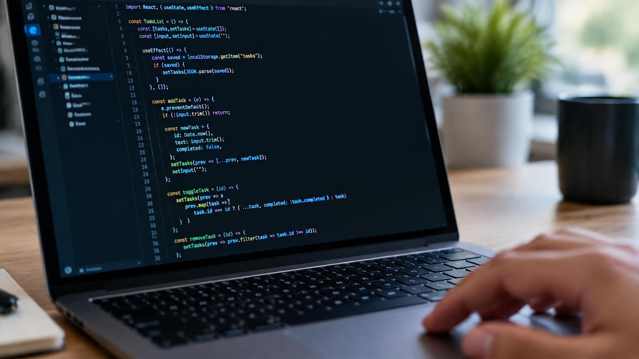 Code displayed on a laptop screen at a desk