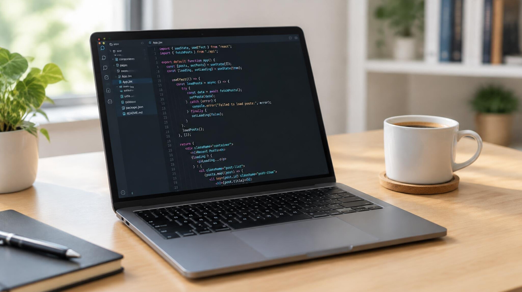 Laptop showing code on a desk with a coffee cup